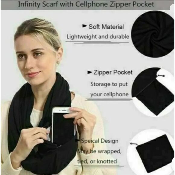 Beyond Yoga Infinity Scarf Hidden Zipper Pocket Black One Size Soft Warm Wrap - Picture 2 of 6